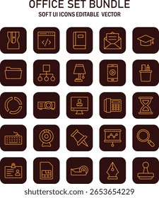 Coleção de ícones de interface do usuário de software de escritório representando vários materiais de escritório e equipamentos para negócios e projetos de design