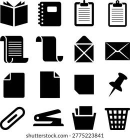Collection of office and stationery icons featuring books documents envelopes and writing tools