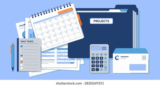 Collection of office supplies including notebooks, folders, calculator, and envelopes.