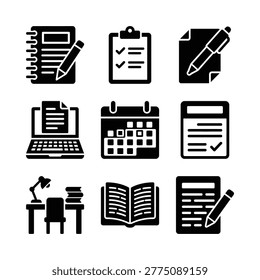 A collection of office supplies and tools arranged in a grid, showcasing productivity items
