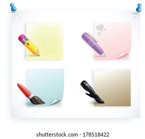 Collection of office supplies - writing instruments and notepads. All this on a big paper sheet with push pins. EPS10
