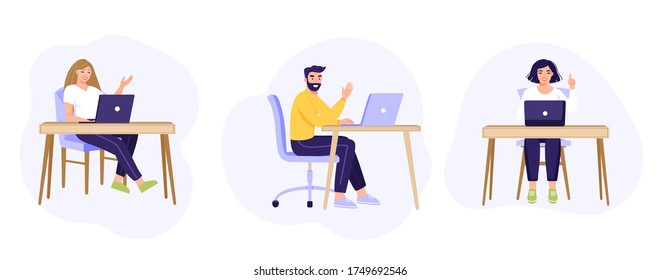 Collection of office workers sitting at desks. Men and woman sitting on a chair at the table and working on laptop. Vector illustration on white background.