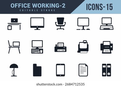 Colección de los iconos de trabajo de oficina y equipos informáticos Fondo blanco.
