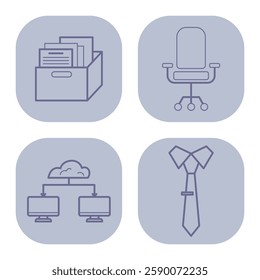 Collection of office-related icons, including file box, rolling chair, cloud network, and formal tie. Key components of modern workplace concept