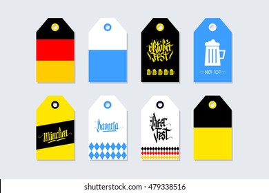 Collection of Oktoberfest gift tags. Germany, Bavaria, Munich. Set of German Beer Fest labels with hand drawn elements. Holiday badge design. Vector illustration.