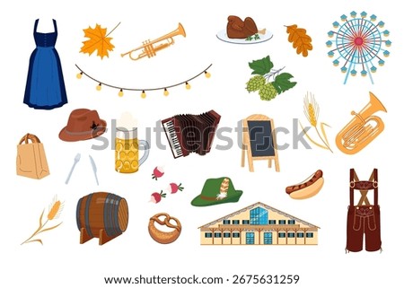 Collection of Oktoberfest-themed elements including beer mug, pretzel, sausage, dirndl, lederhosen, traditional hats, instruments, and fall items for seasonal designs and promotions