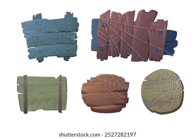 Coleção de sinais de madeira escuros velhos com teias de aranha e pregos de metal. Quadros de várias formas, cores e texturas. Sinais vazios abandonados. Estilo de desenho animado. Ilustração vetorial isolada no plano de fundo branco