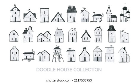 Collection of old doodle houses on white background