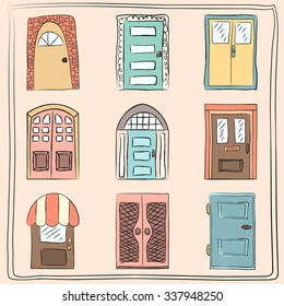 Collection of old door icons, isolated illustration vector. Set with close up wooden doors. Simple design