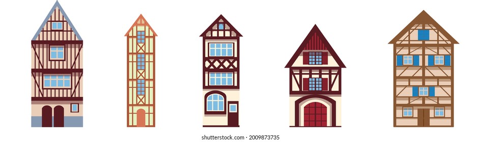  Colección de antiguas casas alemanas y francesas Ilustración en un estilo de caricatura plana. Acogedoras casas de entramado de madera aisladas en un fondo blanco