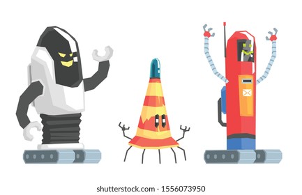 Collection of old humanized robots. Vector illustration.