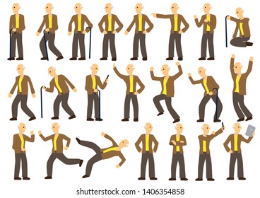 A collection of old man in different action and poses. Flat vector isolated illustration.