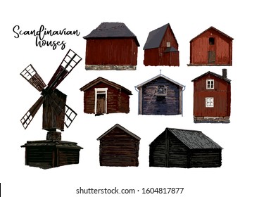 Collection of old mill and traditional scandinavian wooden houses. Vector design elements isolated on white background
