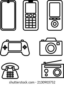 Collection of old and modern device icons and symbols.