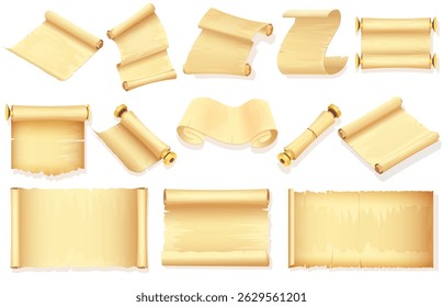 Coleção de pergaminho velho pergaminhos em várias formas e cachos, estilo cartoon no fundo branco. Conceito de escrita vintage. Ilustração vetorial