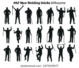 Collection of old people holding sticks silhouette vector illustration