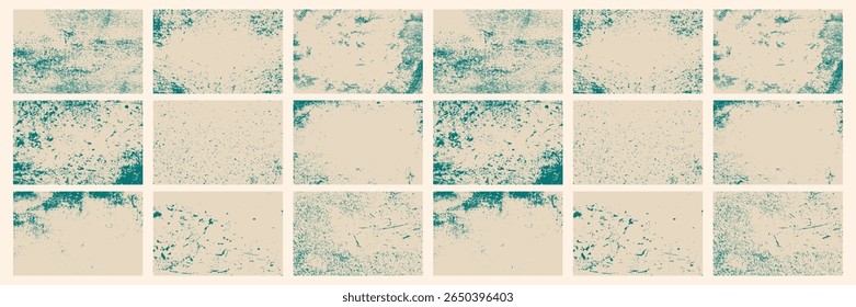 Collection of old retro textured rectangle shapes, grungy and worn. Set of rough and worn linocut vector box artistic backgrounds and shabby textures. Grunge text box frame template