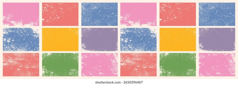 Collection of old retro textured rectangle shapes, grungy and worn. Set of rough and worn linocut vector box artistic backgrounds and shabby textures. Grunge text box frame template