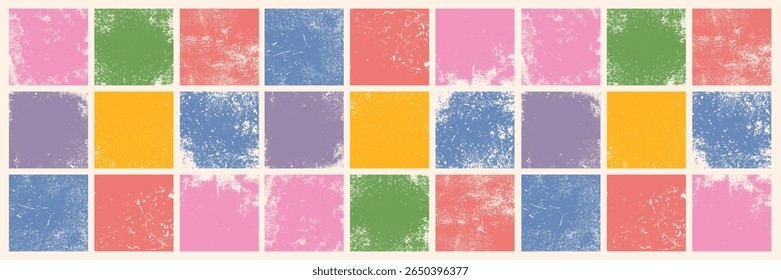 Collection of old retro textured square shapes, grungy and worn. Set of rough and worn linocut vector squares artistic backgrounds and shabby textures. Grunge text box frame template