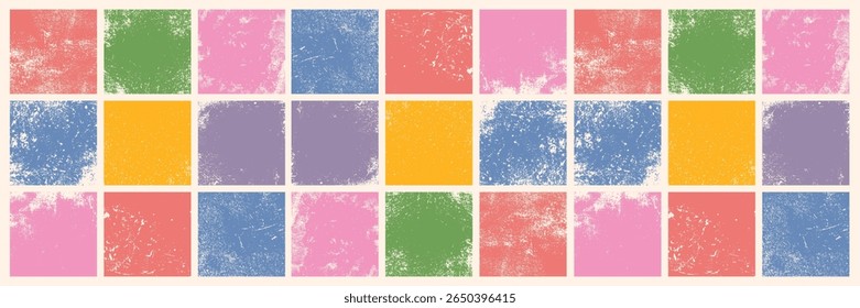 Collection of old retro textured square shapes, grungy and worn. Set of rough and worn linocut vector squares artistic backgrounds and shabby textures. Grunge text box frame template