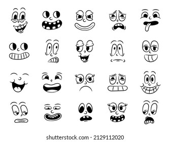 Collection Of Old Retro Traditional Cartoon Animation. Vintage Faces Of People With Different Emotions Of The 20s 30s. Emoji Character Expressions 50s 60s. Head Faces Design Elements In Comic Style.