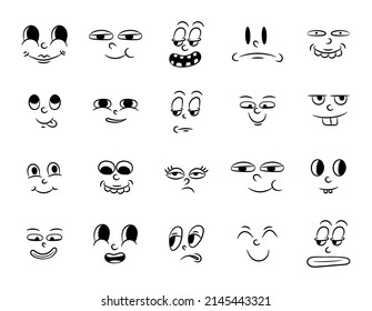 Collection of old retro traditional cartoon animation. Vintage faces of people with different emotions of the 20s 30s. Emoji character expressions 50s 60s. Head faces design elements in comic style.