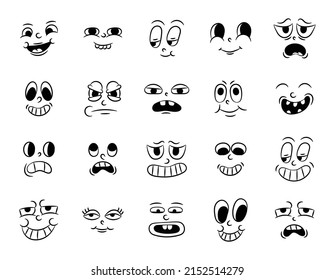 Collection of old retro traditional cartoon animation. Vintage faces of people with different emotions of the 20s 30s.  character expressions 50s 60s. Head faces design elements in comic style.