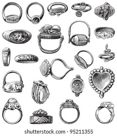 Collection of old rings / vintage illustration from Meyers Konversations-Lexikon 1897