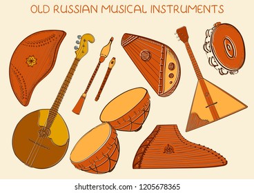 Collection of old Russian musical instruments, simple linear drawing, illustration