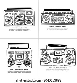 Collection of old school radio tape recorder doodle in black and white. Vintage boombox icon. Hand drawn illustration. 90s vibes, retro design.