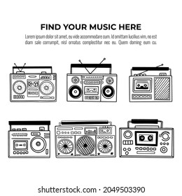 Collection of old school radio tape recorder doodle in black and white. Vintage boombox icon. Hand drawn illustration. 90s vibes, retro design.