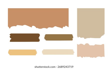 Collection of old torn paper textures and ripped edges in vintage brown shades, isolated vector elements.