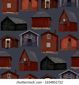Collection of old traditional scandinavian wooden houses. Vector repeated seamless pattern