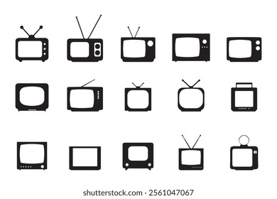 Collection of old tv icon silhouettes, isolated on white background