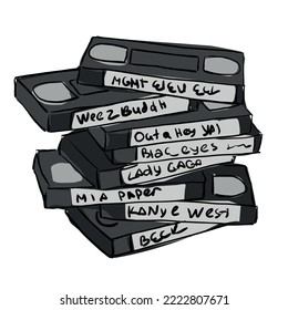 a collection of old video cassettes with films. black tapes cartoon sketch on a white background