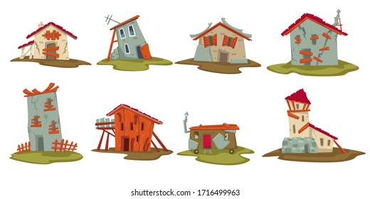 Collection of old weathered houses and dwellings. Set of isolated property, barn or shed in countryside. Abandoned buildings and trailer, shelter with shabby walls and exteriors, vector in flat