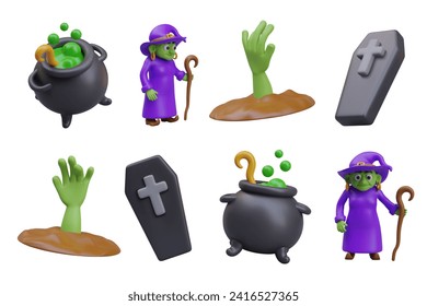 Colección de bruja antigua con cara verde y vestido morado, mano zombie, ataúd con cruz y veneno verde hirviendo en diferentes posiciones. Ilustración vectorial en estilo 3d con fondo blanco