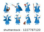Collection of old wizard making magic isolated on white background. Bundle of elderly sorcerers or fairytale magicians practicing wizardry. Colorful vector illustration in flat cartoon style.
