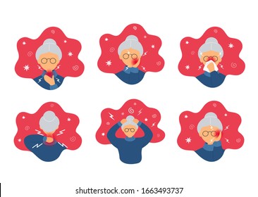 Collection of old woman with different pains. Flat hand drawn style. Isolated on white background. Elderly people health problems.