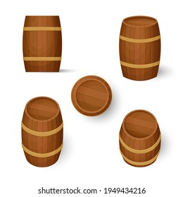 Collection of old wooden barrels from different angles. Vertical rotation. Top, side, and three-quarters view. Cartoon style illustration. Vector.