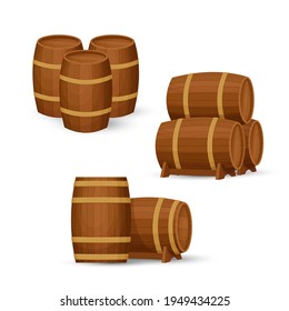 Collection of old wooden barrels in different configurations. Groups of two and three casks. Cartoon style illustration. Vector.