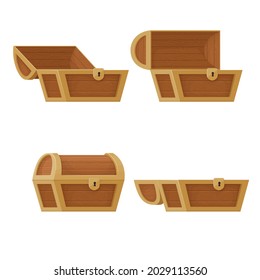 Collection of old wooden chests with open and closed lids.  Pirate treasure. Vintage trunk.Cartoon style illustration. Vector.