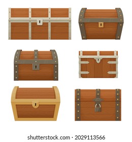 Collection of old wooden chests of various shapes and sizes.  Pirate treasure. Vintage trunk. Cartoon style illustration. Vector.