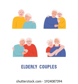 A collection of older married couples. White-haired men and women. Portraits of hugging grandparents. Vector flat illustration on a white background