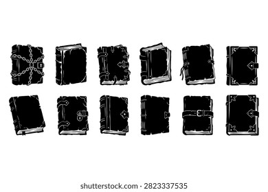 Collection of oldfashioned books featuring chains locks clasps and buckles in detailed line art