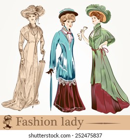 Collection of old-fashioned woman with accessories