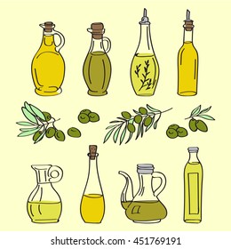 Collection of olive oil bottles with olive branches and olive berries sketches. Great design elements for olive oil products.