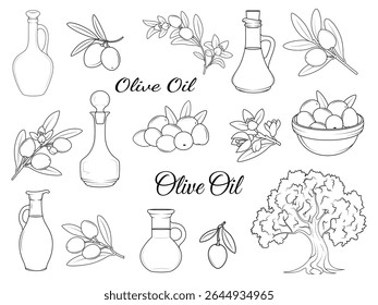 Collection of olive oil themed black and white illustrations, including bottles, branches, olives, and a tree. Ideal for packaging, coloring pages, or food design projects.