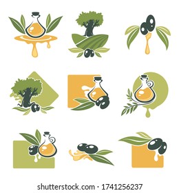Colección de olivos y aceites, ramas con verduras. Conjunto aislado de verduras orgánicas ricas en vitaminas. Producto en bruto en plantación, baya madura. Vector de menú vegetariano en estilo plano