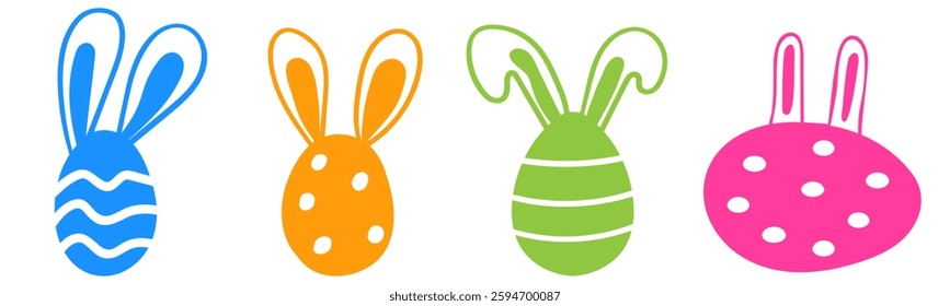Collection on colorful Easter eggs with bunny ears. Flat design. Vector illustration on white background.